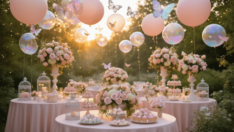 Butterfly Balloons: The Ultimate Party Decor Magic for Whimsical Celebrations A whimsical garden party set during golden hour, featuring blush silk-draped tables with towering floral centerpieces, metallic butterfly balloons, vintage birdcages, and a dessert cart with pastel treats, all bathed in warm natural light and dreamy bokeh.