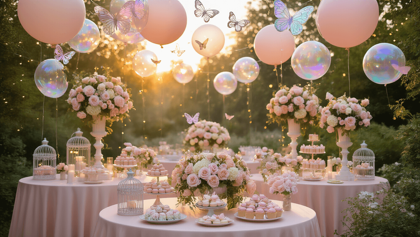 A whimsical garden party set during golden hour, featuring blush silk-draped tables with towering floral centerpieces, metallic butterfly balloons, vintage birdcages, and a dessert cart with pastel treats, all bathed in warm natural light and dreamy bokeh.