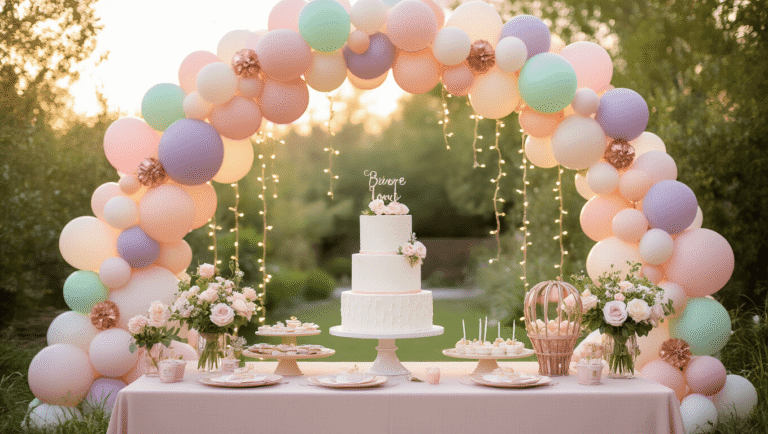 Magical 1st Birthday Balloon Decor: Creating Unforgettable Memories Whimsical outdoor garden party for a first birthday celebration, featuring a pastel balloon arch, a 3-tier white birthday cake, vintage hot air balloon centerpieces, fairy lights, and a handcrafted "1" balloon sculpture, all bathed in golden hour lighting.