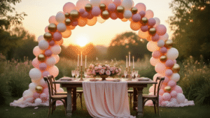 Birthday Balloons: The Ultimate Guide to Creating Memorable Celebrations Photorealistic wide shot of an enchanted garden party at sunset, featuring a dramatic ombré balloon arch in blush pink and gold, a rustic farmhouse table with soft pink silk cloth, vintage candelabras, pastel flowers, mismatched chairs, and soft bokeh from string lights, all illuminated by warm golden light.