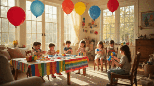 Magical Parade Magic: Bringing "Balloons Over Broadway" to Life A whimsical living room transformed into a magical parade celebration with a DIY puppet-making station, oversized helium balloons, and a cozy reading nook, all bathed in warm, golden sunlight.