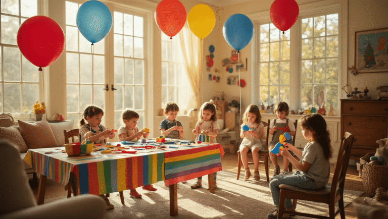 Magical Parade Magic: Bringing "Balloons Over Broadway" to Life A whimsical living room transformed into a magical parade celebration with a DIY puppet-making station, oversized helium balloons, and a cozy reading nook, all bathed in warm, golden sunlight.