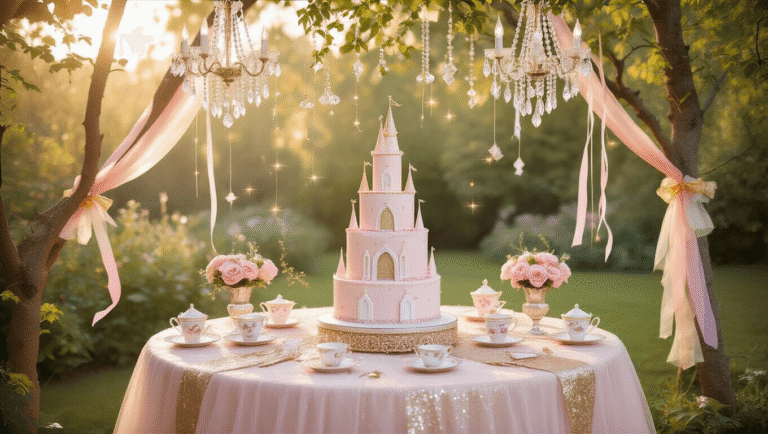 🎉 3rd Birthday Party Ideas for Girls: Magical Themes to Delight & Inspire! A whimsical garden party scene featuring a grand circular table with a blush pink tulle tablecloth and gold sequined runner, adorned with a three-tiered princess castle cake, vintage teacups with pink roses, and magical wands. Little girls in sparkly dresses twirl among pastel balloons, with crystal chandeliers hanging from trees draped in fairy lights, all illuminated by soft golden hour sunlight.