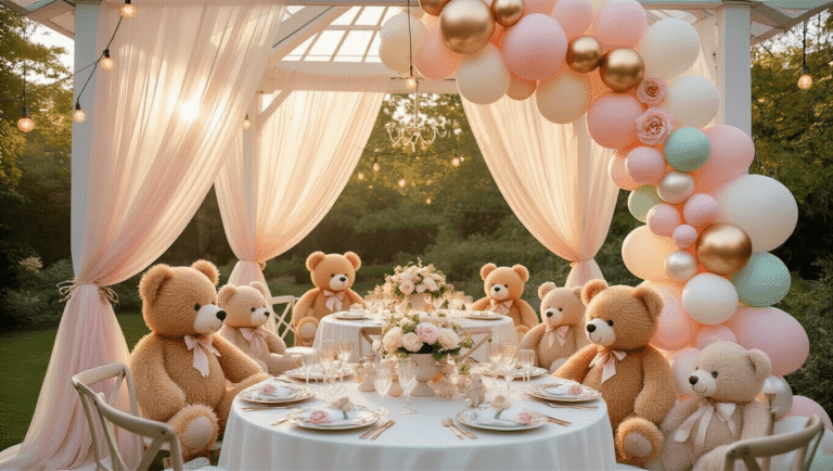 Teddy Bear and Balloons: The Ultimate Party Theme Guide A dreamy garden party featuring plush teddy bears, pastel balloon arch, elegant tables with vintage china, and a dessert cart with a tiered cake, all bathed in golden hour light.