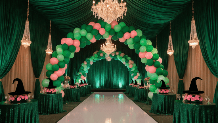 Throwing the Most Magical *Wicked* Themed Birthday Party: A Complete Guide A grand Emerald City-themed ballroom filled with emerald green velvet drapes, crystal chandeliers, and a spectacular balloon arch. Elegant tables adorned with witch hat centerpieces and shimming sequined tablecloths, featuring a stunning 4-tier emerald ombré cake. Vintage gold frames display Wicked show posters, with "Defying Gravity" in gold calligraphy on a backdrop. Fog machines and fairy lights enhance the magical atmosphere.