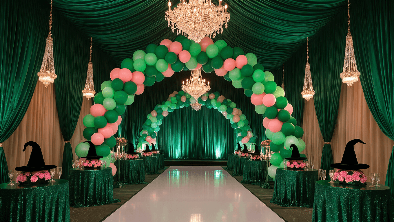 A grand Emerald City-themed ballroom filled with emerald green velvet drapes, crystal chandeliers, and a spectacular balloon arch. Elegant tables adorned with witch hat centerpieces and shimming sequined tablecloths, featuring a stunning 4-tier emerald ombré cake. Vintage gold frames display Wicked show posters, with "Defying Gravity" in gold calligraphy on a backdrop. Fog machines and fairy lights enhance the magical atmosphere.
