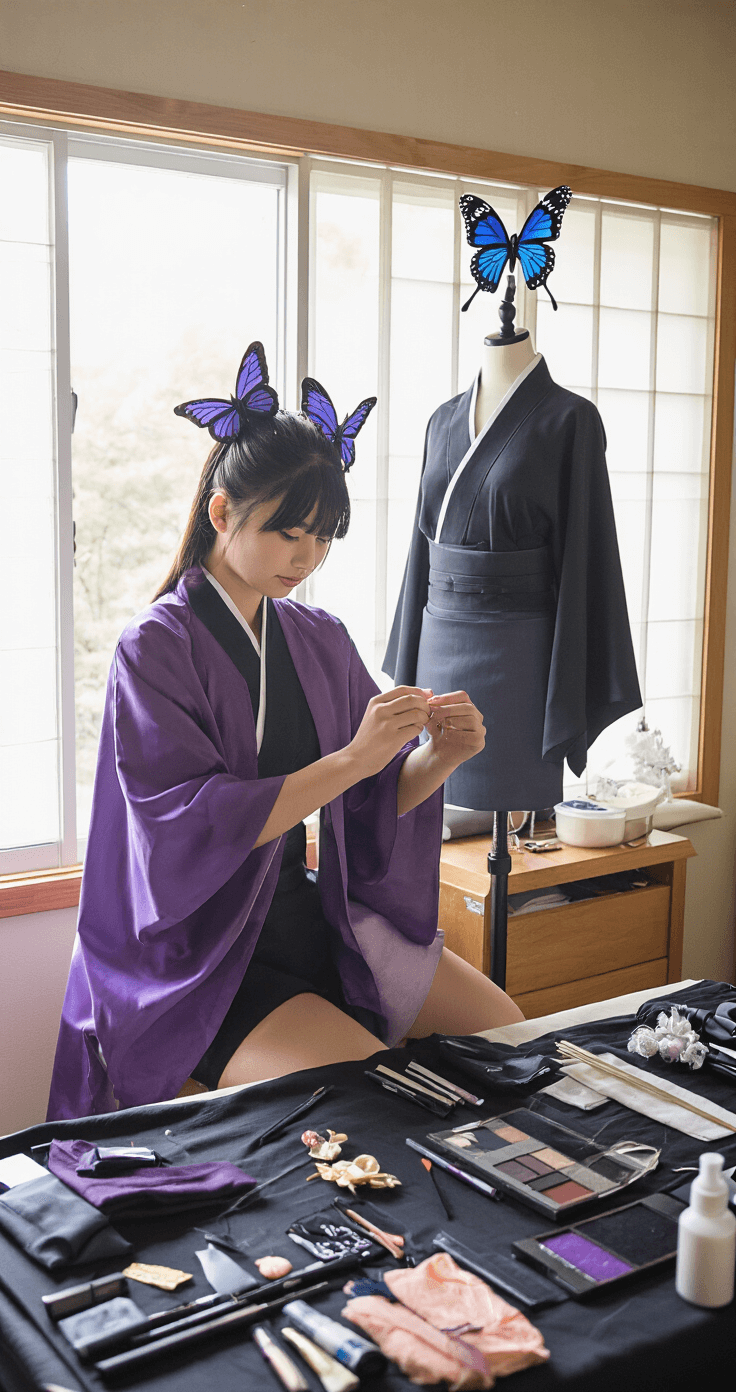 Creating the Perfect Shinobu Cosplay: My Complete Guide to Nailing This Iconic Look A young woman in a well-organized bedroom adjusts butterfly hair accessories while wearing a gradient purple haori over a black fitted uniform, surrounded by styling elements like hair clips and makeup supplies, all illuminated by warm natural light.