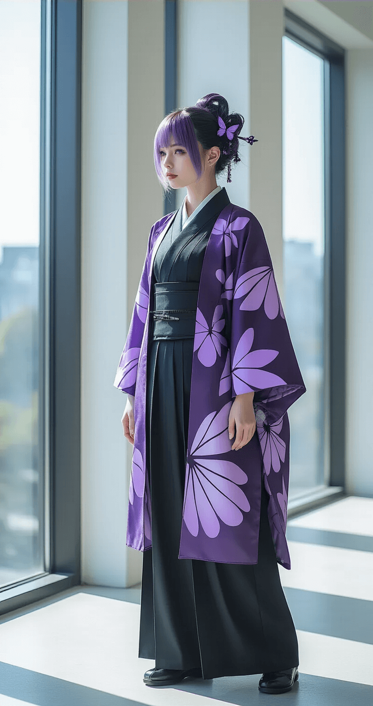 Creating the Perfect Shinobu Cosplay: My Complete Guide to Nailing This Iconic Look A young woman poses in a modern minimalist space, wearing a flowing butterfly-patterned haori over a fitted black uniform, with a styled gradient purple-to-white wig and metallic butterfly clips. Dramatic side lighting from tall windows highlights the textures and proportions of her costume, capturing the elegant ensemble at a three-quarter angle.