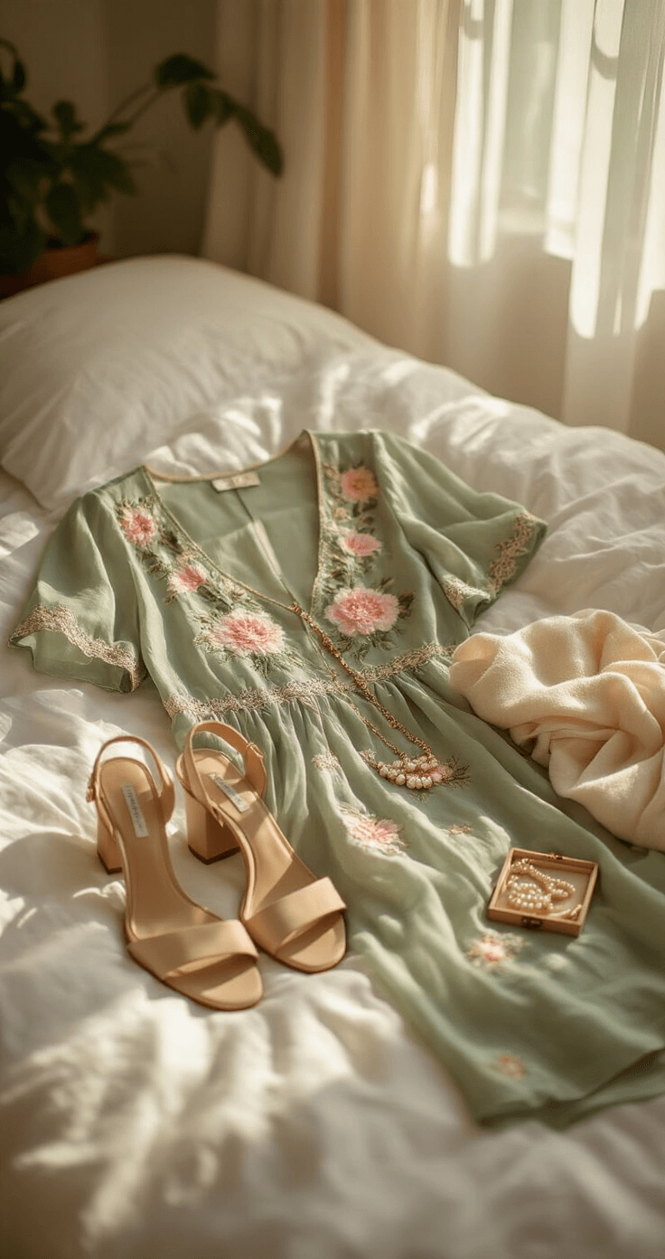 How to Style a Floral Embroidered Maxi with Sheer Overlay Like a Fashion Pro Close-up shot of a sunlit bedroom featuring a sage green floral embroidered maxi dress with an ivory sheer overlay, nude block heel sandals, a delicate gold chain necklace, and seamless nude undergarments, arranged on white linen bedding. Morning light casts soft shadows over textured embroidery decorated with pink peonies and gold threading. A vintage jewelry box with pearl stud earrings and a folded cream cashmere wrap add to the thoughtful garden party outfit layout, capturing a relaxed, cozy atmosphere.