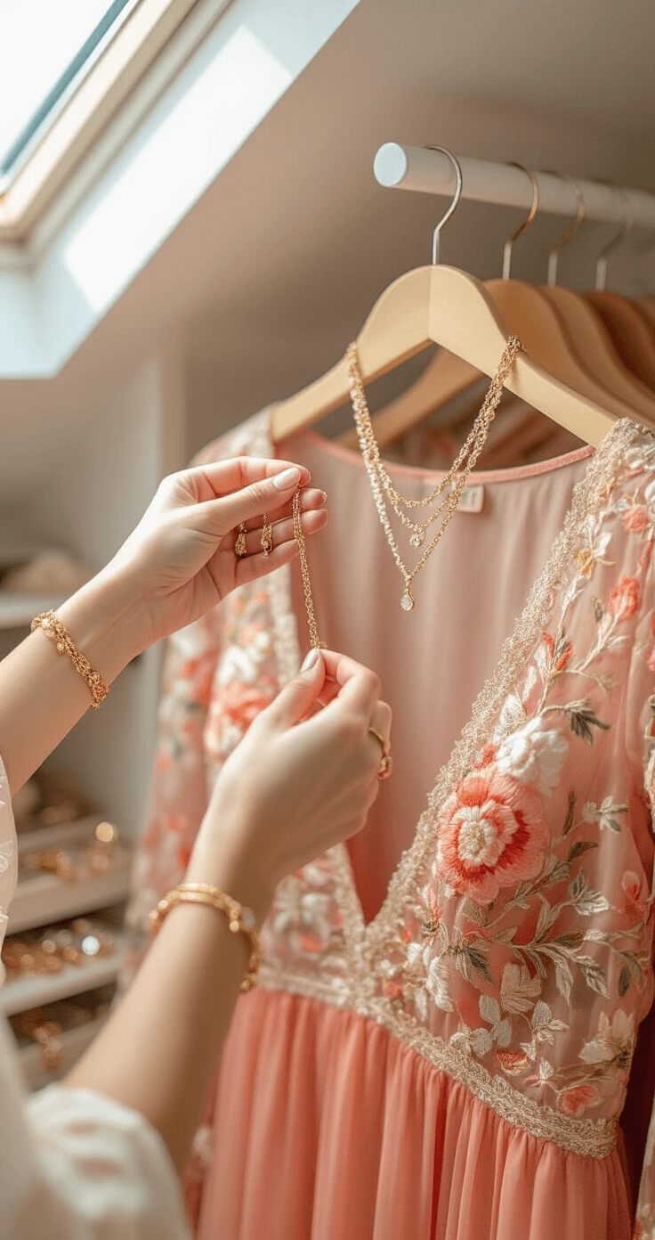 How to Style a Floral Embroidered Maxi with Sheer Overlay Like a Fashion Pro Close-up view of hands selecting necklaces against a coral pink floral embroidered maxi dress in a softly lit walk-in closet, showcasing organized jewelry items like gold stud earrings and delicate bracelets, emphasizing warm coral, gold, and cream tones.
