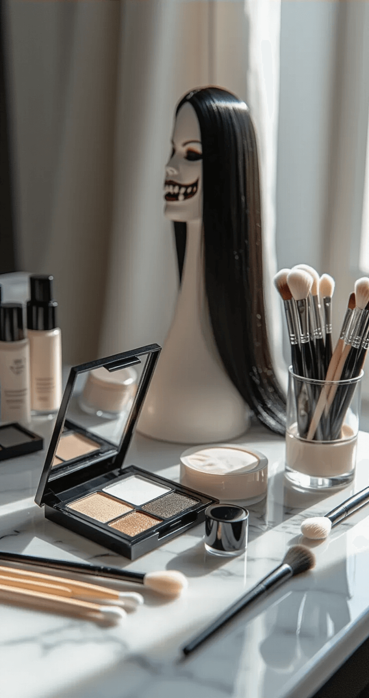 Marceline Cosplay: How I Nailed the Vampire Queen's Look (And You Can Too!) Close-up of a chic urban apartment vanity, featuring pale makeup application with white face paint and foundation, dark kohl eyeliner, and vampire fangs on a marble surface. Artistically arranged cotton swabs, makeup brushes, and neutral-colored cosmetics, with a long black synthetic wig on a stylish stand nearby. Soft morning light creates an intimate atmosphere with gentle shadows, emphasizing the textures of the makeup products in a cool gray, soft white, and deep black color palette.