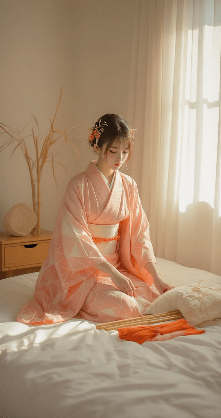 Master Your Demon Slayer Cosplay: Easy Tips for Anime Fashion Success A female model styling a pink gradient kimono on white bedding, bathed in morning light, with delicate bamboo hair accessories and an orange-tipped wig on the nightstand, showcasing soft textures and a dreamy atmosphere.