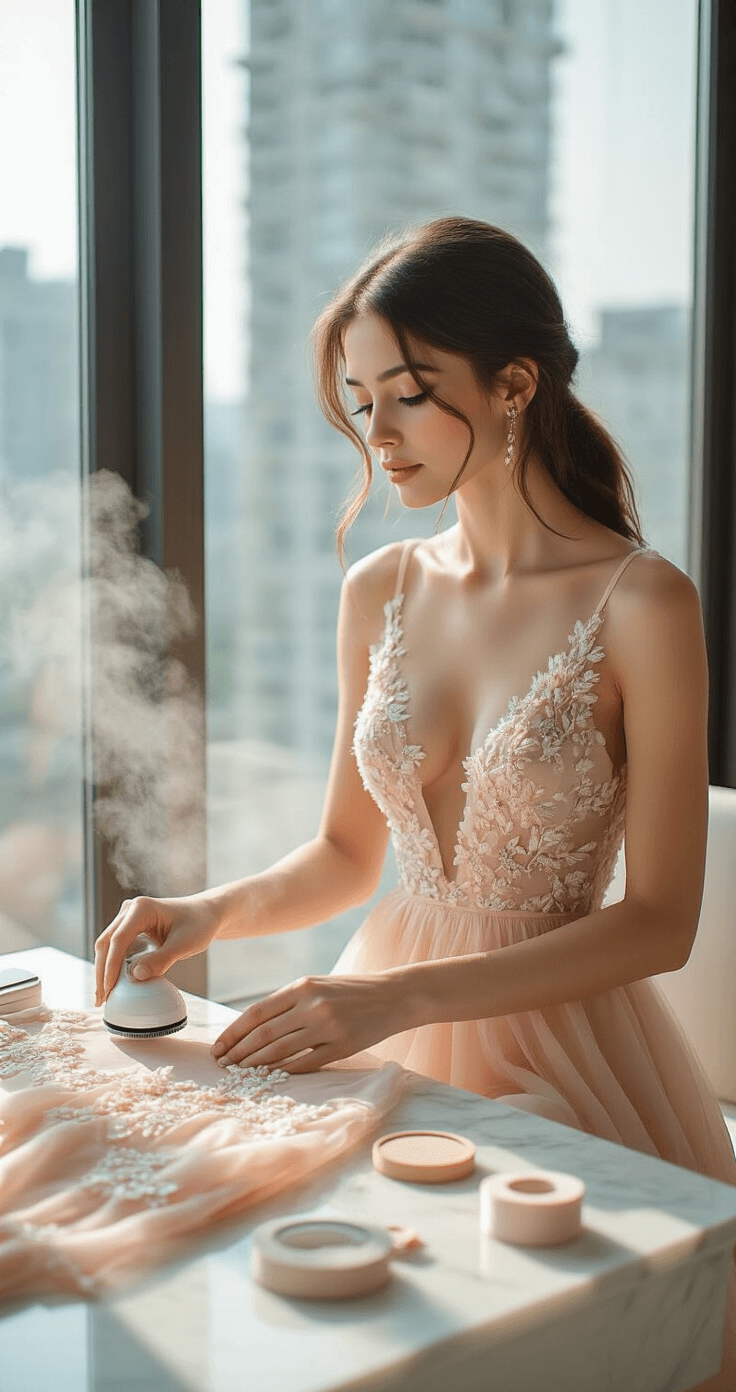 How to Style a Floral Embroidered Gown Like a Fashion Pro A woman at a white marble vanity steam-ironing a blush pink midi dress with floral embroidery and pearl details, surrounded by styling tools in a sunlit minimalist studio with floor-to-ceiling windows.