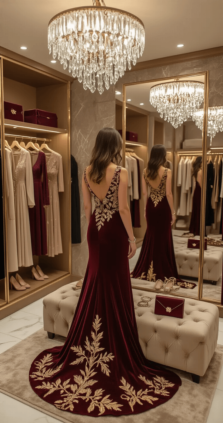 How to Style a Floral Embroidered Gown Like a Fashion Pro An elegant dressing room featuring warm ambient lighting, where a woman selects outfits from a tufted ottoman, including a burgundy gown with gold floral embroidery. Accessories like chain bracelets and nude pumps are neatly arranged. A full-length tri-fold mirror captures the styling process amid rich velvet and marble decor, conveying a luxurious atmosphere.