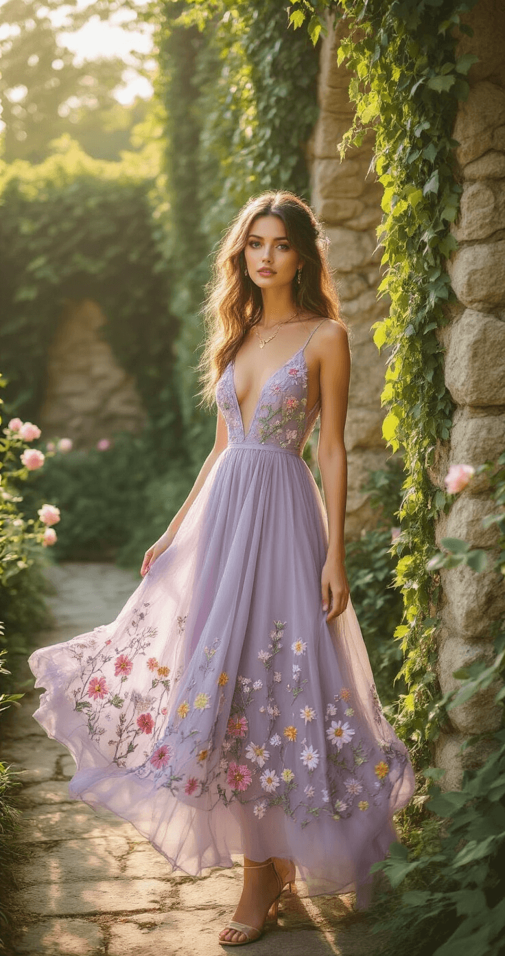 How to Style a Floral Embroidered Gown Like a Fashion Pro A woman in a lavender midi gown with wildflower embroidery twirls against ivy-covered stone walls in a garden terrace, illuminated by soft morning light. Delicate gold jewelry reflects the sunlight, while climbing roses frame the scene, creating a dreamy romantic atmosphere.