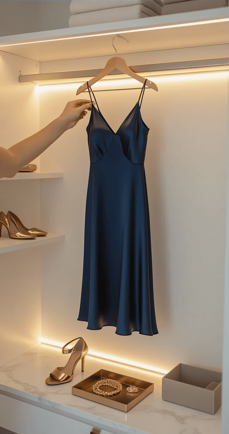 How to Style a Silk Slip Dress with Strappy Heels for Any Occasion A woman stands in a minimalist walk-in closet, selecting accessories for a navy silk slip dress on a wooden hanger, with metallic bronze strappy heels below and gold jewelry neatly arranged in a tray, under soft ambient lighting from LED strips, surrounded by clean white shelving and marble countertops, highlighting luxurious textures and warm undertones.
