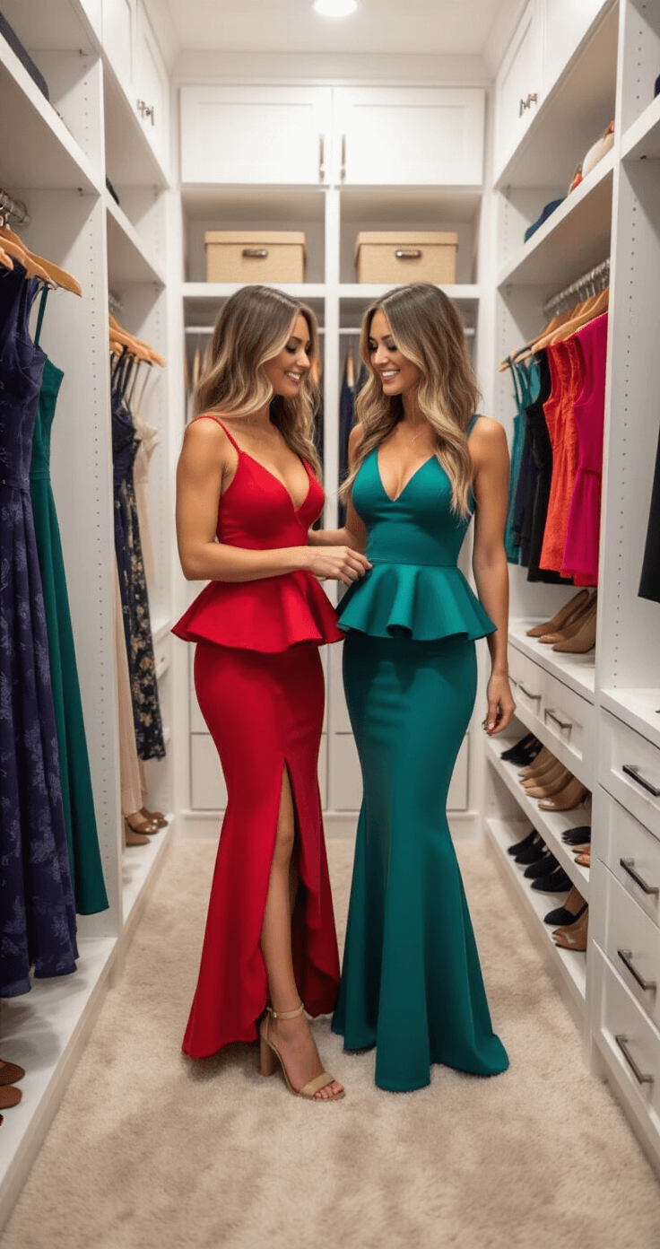 How to Style a Peplum Cocktail Dress Like You Actually Know What You're Doing A woman in a bright walk-in closet tries on different peplum dresses, surrounded by jewel-toned options and scattered heels, capturing a candid styling moment in natural light.