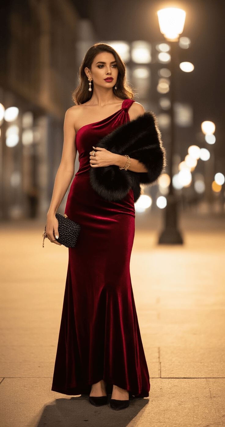 How to Style a Jewel-Tone One-Shoulder Gown Like a Fashion Pro A woman in a deep ruby red one-shoulder velvet gown adjusts her faux fur wrap in an urban setting, illuminated by evening streetlamp light. The scene highlights the rich fabric texture, her gold jewelry, and winter styling, featuring closed-toe heels, pearl earrings, and a black beaded clutch, all set against modern architecture.