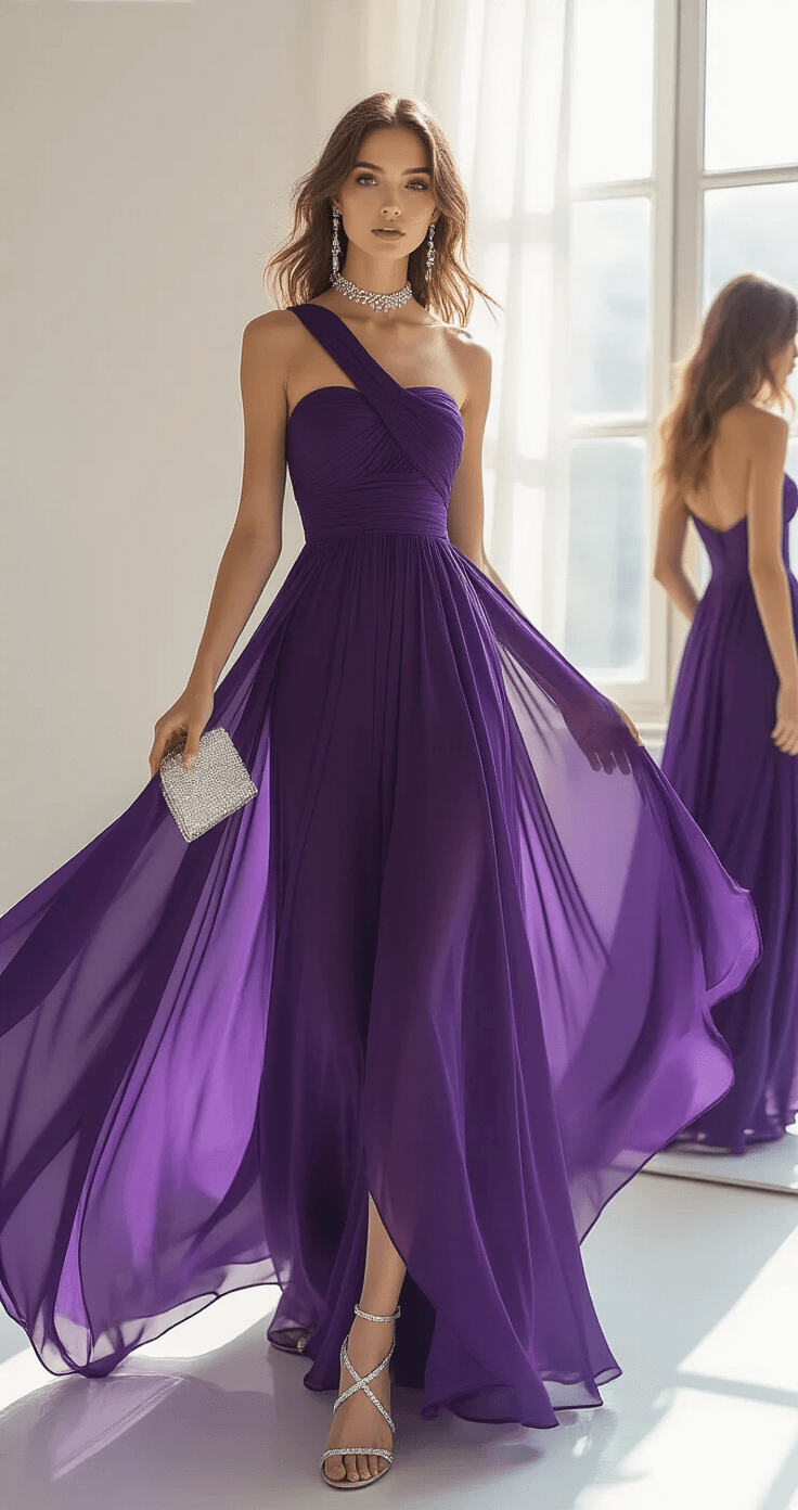 How to Style a Jewel-Tone One-Shoulder Gown Like a Fashion Pro A woman in an amethyst purple one-shoulder chiffon gown stands in an airy studio, illuminated by soft window light. She accessorizes with delicate silver jewelry, strappy metallic sandals, and carries a light clutch. A full-length mirror reflects her complete look, showcasing the fabric texture and ethereal mood of the spring fashion shoot.