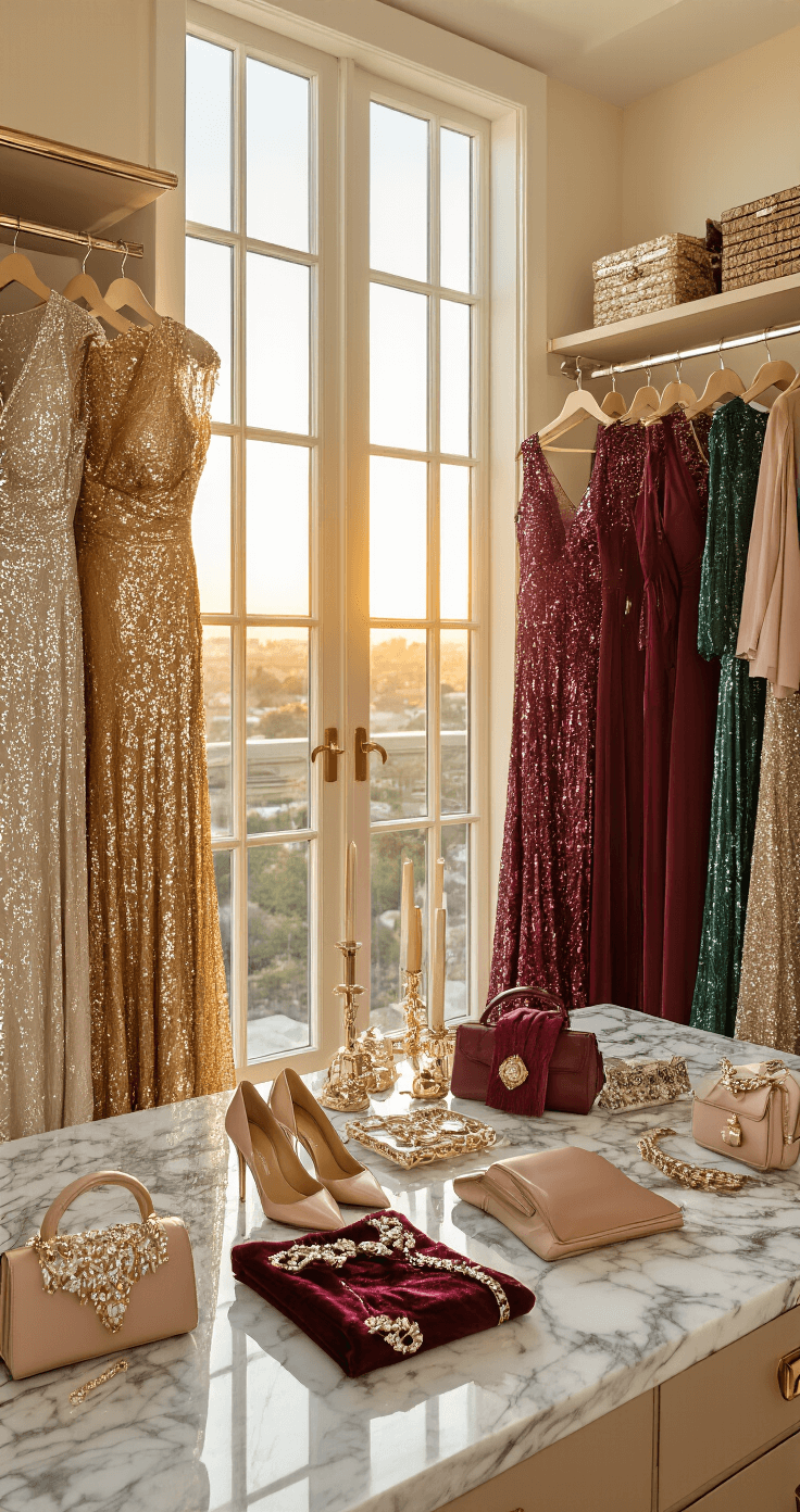 How to Style a Sequin Maxi Gown Like You Actually Know What You're Doing Luxurious walk-in closet filled with sequined gowns in gold, silver, and jewel tones, accented by organized accessories and curated jewelry on marble surfaces, all bathed in warm natural light during golden hour.