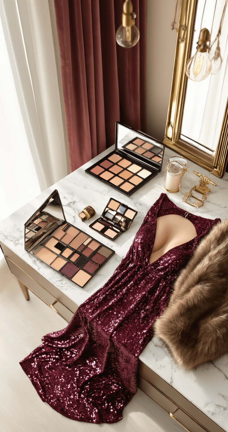 How to Style a Sequin Maxi Gown Like You Actually Know What You're Doing Elegant bedroom vanity arrangement in soft morning light, showcasing a burgundy sequin maxi gown, faux fur stole, nude undergarments, and gold jewelry, alongside a professional makeup palette with warm tones, all accented by rich velvet and smooth satin textures.