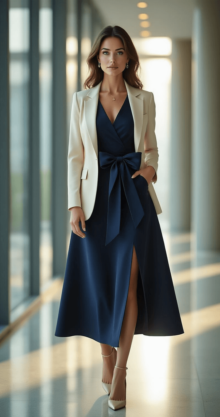 The Midi Pencil Dress with Bow Detail That's Taking Over My Instagram Feed (And Why I'm Obsessed) A professional woman in a navy midi pencil dress with a satin bow stands in a modern glass office hallway during golden hour, wearing a tailored cream blazer and nude pointed-toe pumps, illuminated by natural sunlight.