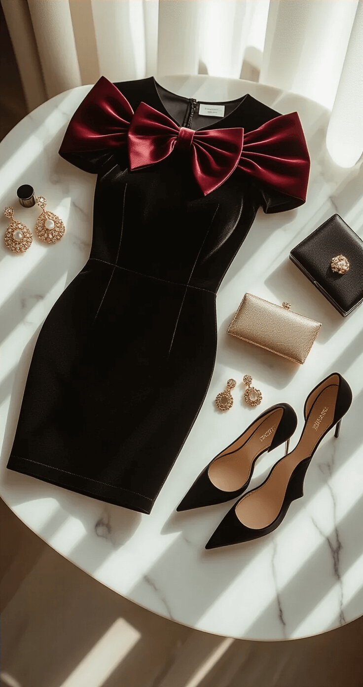 The Midi Pencil Dress with Bow Detail That's Taking Over My Instagram Feed (And Why I'm Obsessed) Close-up of a black velvet midi pencil dress with burgundy satin shoulder bow on a white marble vanity, surrounded by gold statement earrings, pointed-toe heels, and a delicate clutch, illuminated by soft morning light filtering through sheer curtains.