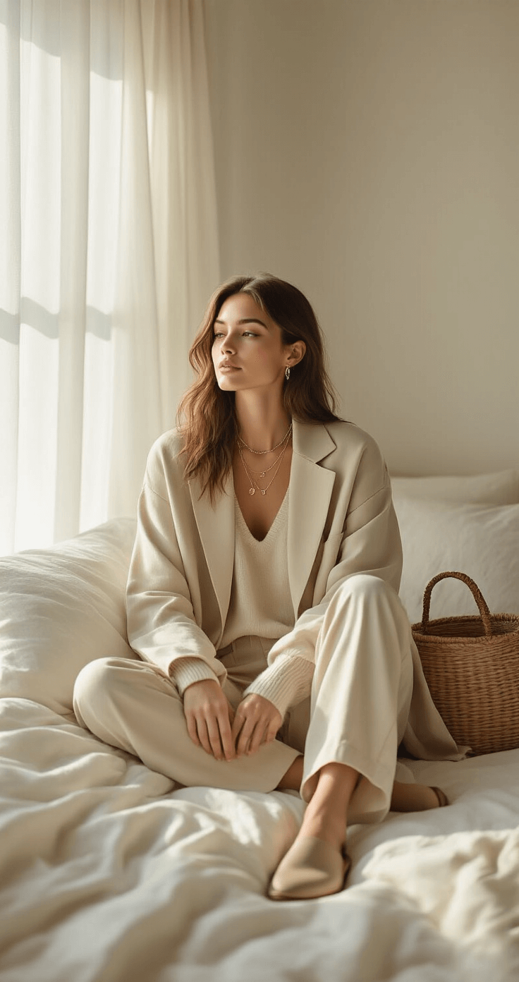 Long-Line Blazer with Silk Trousers: The Ultimate Style A cozy minimalist bedroom bathed in morning sunlight, featuring a model in an oversized beige blazer over a cream cashmere sweater and neutral silk trousers. The scene includes comfortable leather mules, delicate layered necklaces, and a woven basket bag on an unmade linen bed, highlighting soft textures and a serene neutral palette.