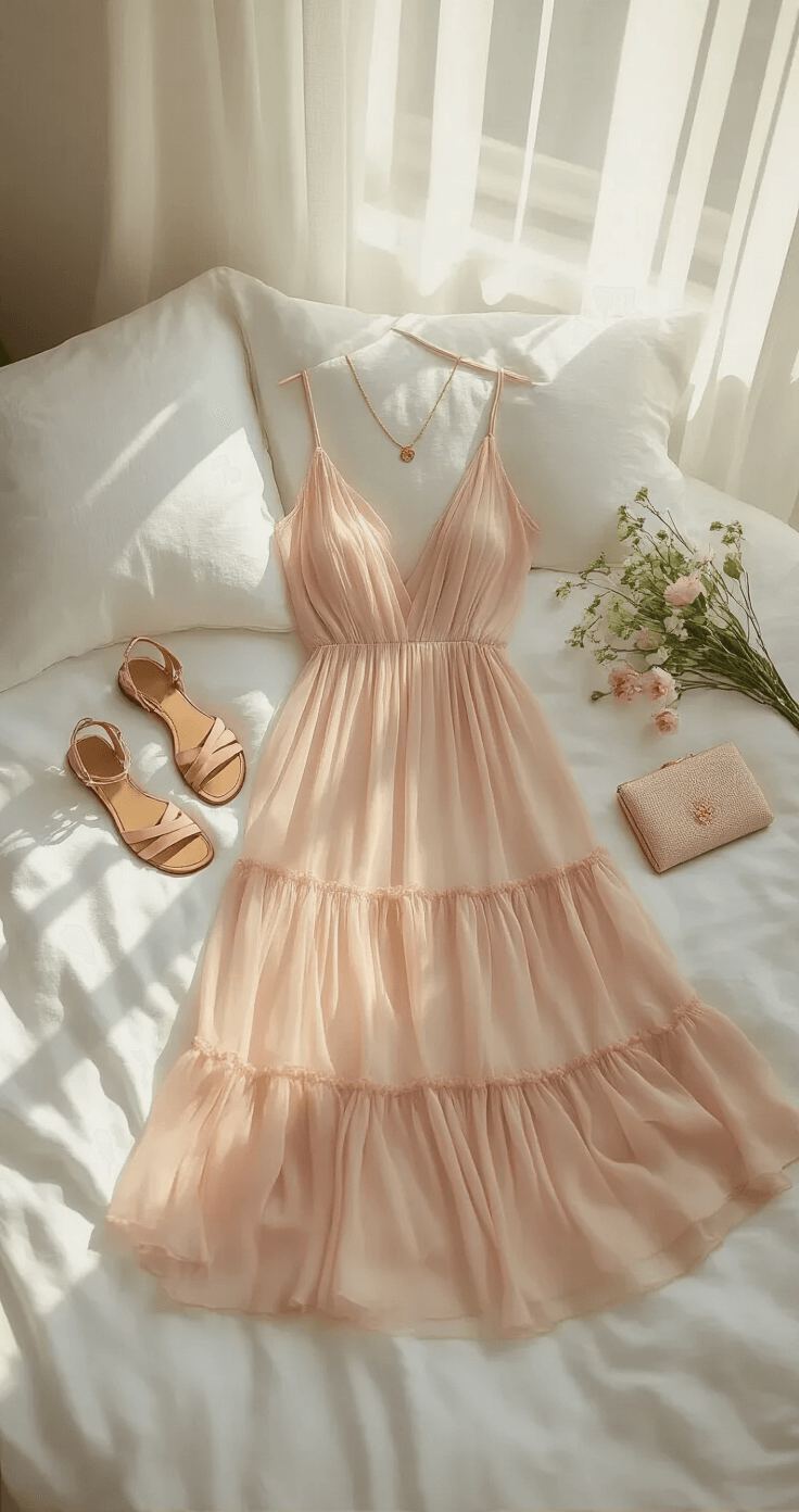 Why I'm Obsessed with Tiered Chiffon Midi Dresses (And You Should Be Too) Minimalist flat lay of a tiered chiffon midi dress on white linen bedding, accompanied by strappy sandals, a delicate gold necklace, a small clutch, and fresh flowers, all illuminated by soft morning light in a neutral color palette with blush pink accents.