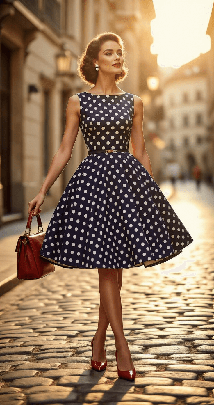 Vintage-Inspired Swing Dresses: The Ultimate Woman in a navy polka dot swing dress spinning joyfully on cobblestone at golden hour, showcasing a fitted bodice and flowing circle skirt, complemented by retro red pumps, a vintage leather handbag, and pearl earrings. The low-angle shot captures warm sunlight, creating romantic shadows and emphasizing her confident, timeless 1950s aesthetic.