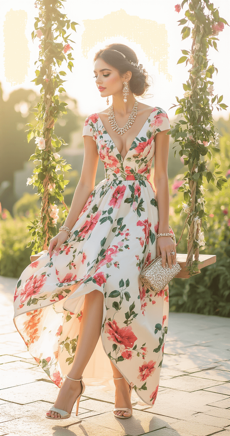 Vintage-Inspired Swing Dresses: The Ultimate An elegant wedding venue garden at golden hour featuring a guest in a vibrant floral swing dress, adorned with statement jewelry and a clutch purse. The dress has a flowing skirt caught in a gentle breeze, complemented by high heels. Vintage-inspired hair accessories complete the look, while the outfit showcases silk-blend fabric with botanical prints in emerald and pink. Pearl drop earrings add sophistication in a three-quarter angle shot with natural backlighting, capturing a celebratory mood filled with authentic joy and movement.