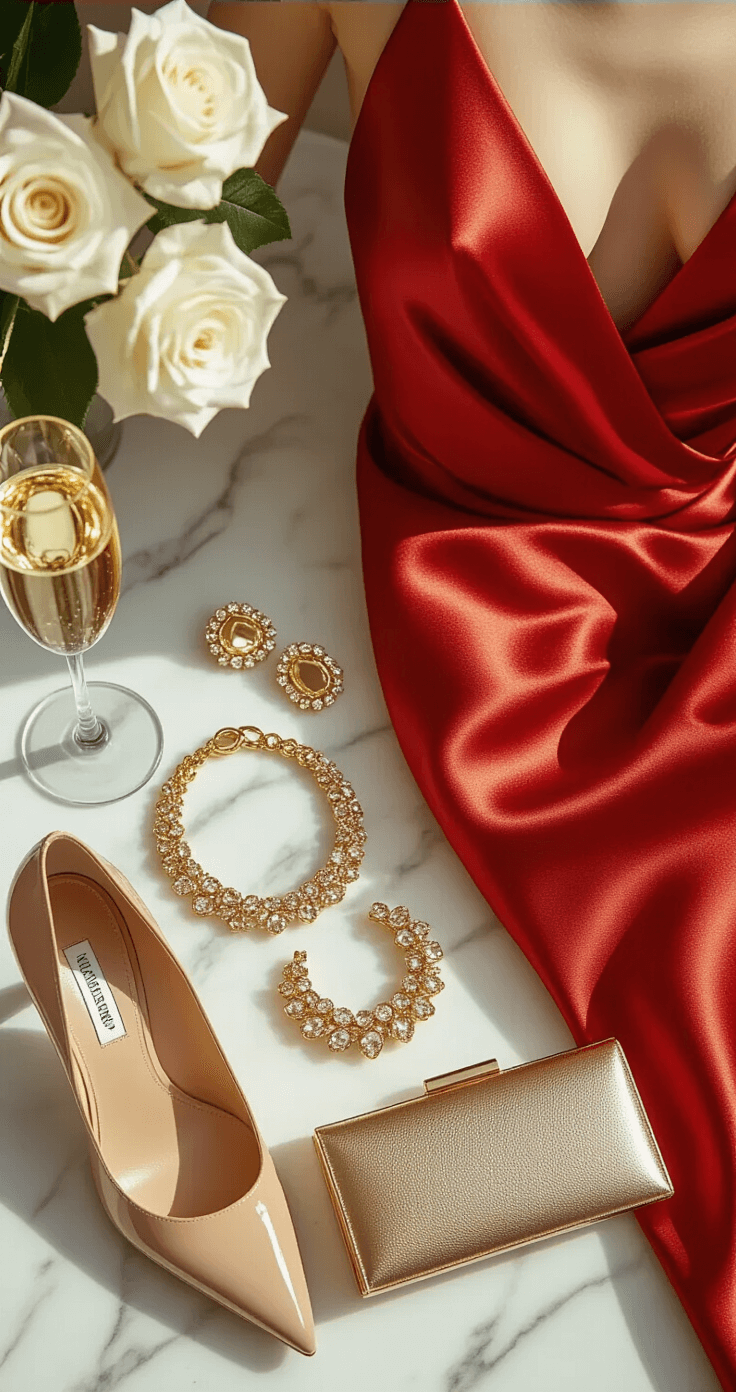 The Classic Red Satin Anniversary Dress: Timeless Elegance Close-up flat lay of red satin dress, gold jewelry, nude patent heels, and metallic clutch on a marble vanity, accented with white roses and champagne glasses in soft natural morning light.