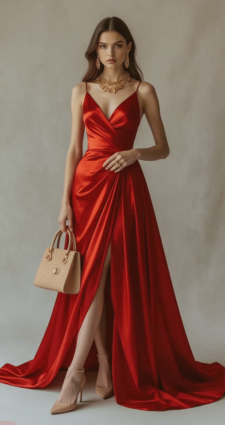 The Classic Red Satin Anniversary Dress: Timeless Elegance Model in a classic red satin anniversary dress poses gracefully in a minimalist studio, showcasing statement gold jewelry and elegant nude heels against a soft gray backdrop illuminated by professional ring lighting, highlighting the textures of the fabric and accessories.