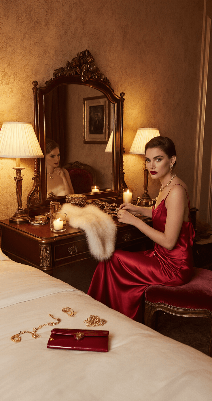 The Classic Red Satin Anniversary Dress: Timeless Elegance A woman in a red satin dress sits at an antique vanity in a luxurious bedroom, applying makeup with warm evening lighting from lamps and candles. Accessories like a faux fur wrap, vintage gold jewelry, and a patent leather clutch are artfully arranged nearby. The rich textures and deep red, gold, and burgundy color palette enhance the sophisticated romantic atmosphere filled with vintage glamour.