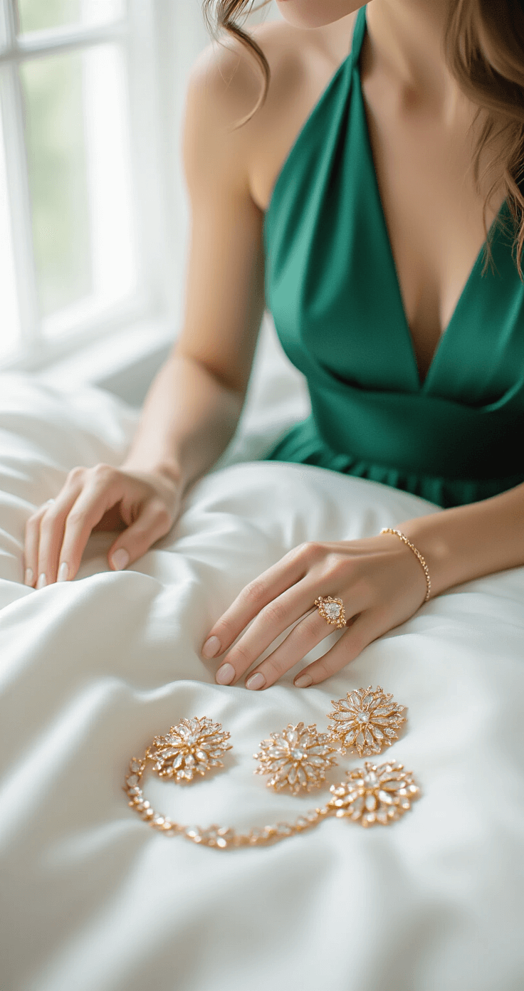 How to Style a Backless Halter-Neck Dress That Actually Looks Amazing Close-up of an emerald green halter dress laid on white bedding, with gold statement earrings and a delicate bracelet nearby, illuminated by soft window light, highlighting the luxurious silk texture and sophisticated color palette of jewel tones and neutrals.