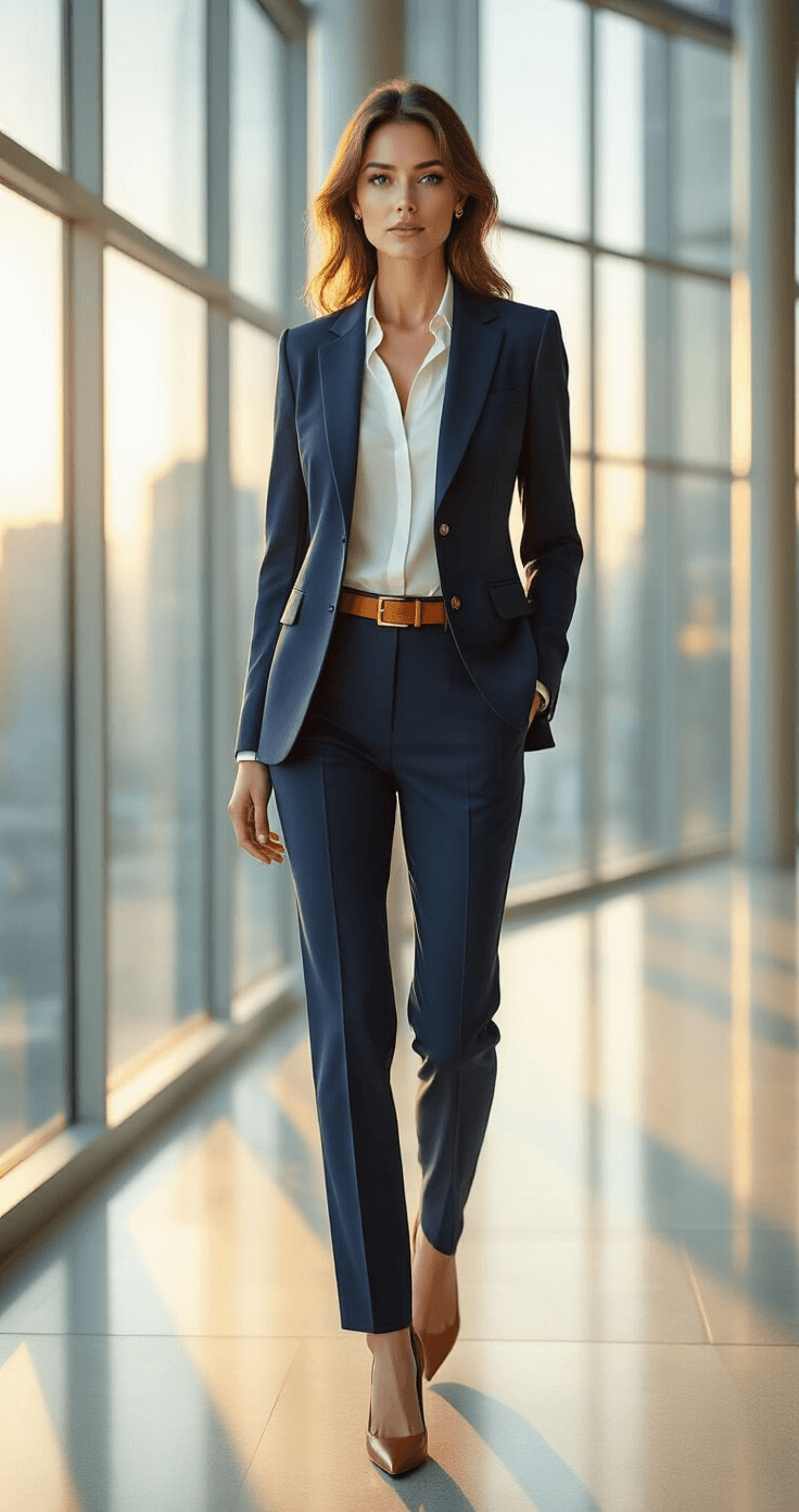 Why Every Guy Needs a Slim-Fit Navy Suit in His Closet Right Now Photorealistic mid-shot of a confident woman in a tailored navy blazer and high-waisted trousers, standing in a modern glass office, with golden hour lighting highlighting her structured suit and crisp white blouse, captured from waist-up.