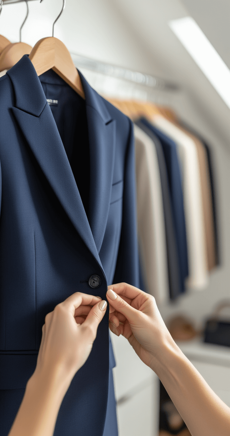 Why Every Guy Needs a Slim-Fit Navy Suit in His Closet Right Now Close-up of a woman's hands adjusting a navy wool suit jacket in a bright, minimalist walk-in closet, showcasing the garment's rich texture and precise tailoring under soft natural light.