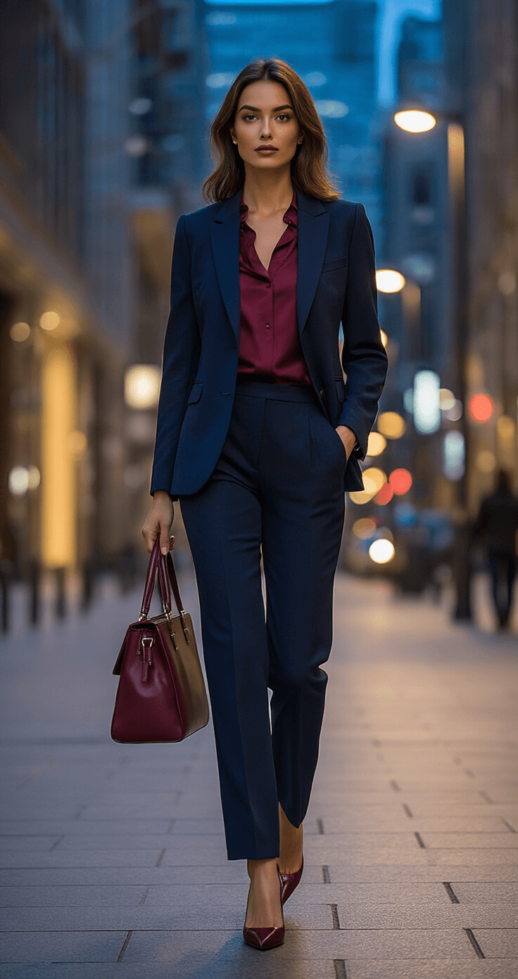 Why Every Guy Needs a Slim-Fit Navy Suit in His Closet Right Now Full-body portrait of a confident woman in a navy suit with burgundy accessories, walking down a chic city street at blue hour. The evening streetlights illuminate her tailored jacket, straight-leg trousers, wine-colored silk blouse, matching handbag, and sleek pumps, set against a backdrop of modern architecture. Shot from a low angle to highlight her sophisticated silhouette.