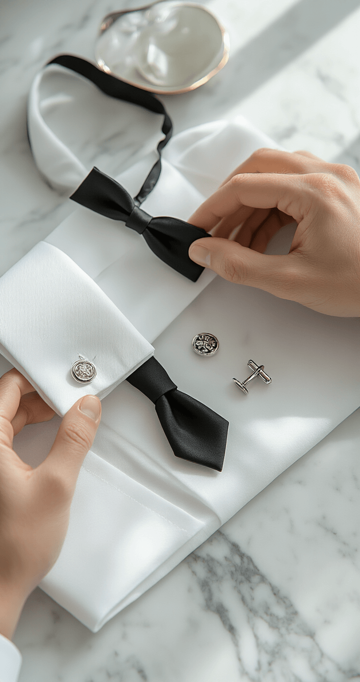 Styling a White Dinner Jacket with Black Trousers: Your Complete Guide to Nailing This Timeless Look Close-up flat lay of a white tuxedo shirt, black silk bow tie, silver cufflinks, and a white pocket square arranged on a marble vanity under soft natural light, showcasing textures and details with delicate hands adjusting the accessories.