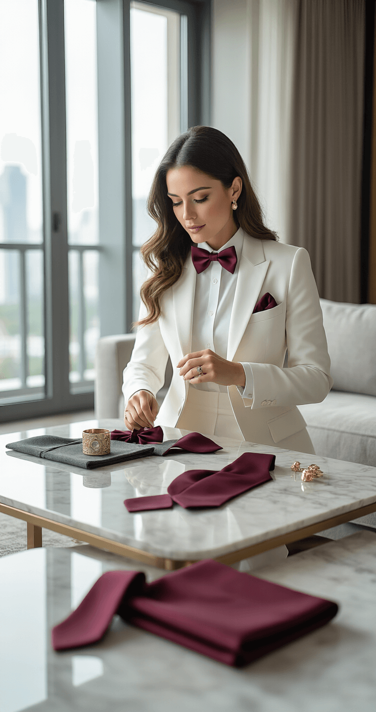 Styling a White Dinner Jacket with Black Trousers: Your Complete Guide to Nailing This Timeless Look A woman in a white jacket and burgundy bow tie adjusts her outfit in a modern apartment living room, illuminated by natural afternoon light from floor-to-ceiling windows. A coffee table showcases various accessories, including pocket squares and cufflinks, against a backdrop of gray furniture and a neutral color palette. The image is captured from a low angle, highlighting the elegant proportions and contemporary styling.