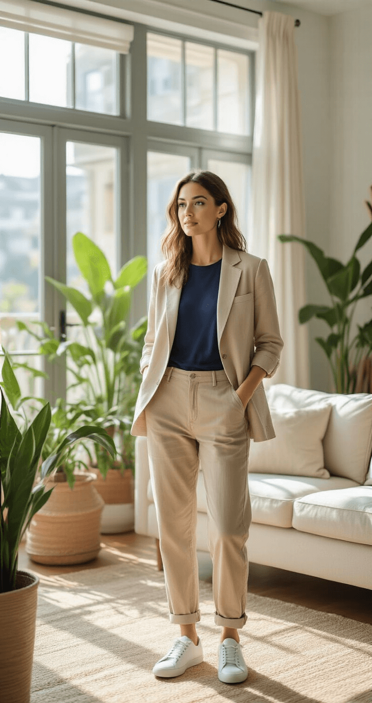 Casual Blazer with Chinos: The Perfect Smart-Casual Combination That Actually Works A woman in a bright apartment tries on a beige linen blazer over a navy fitted tee and khaki chinos, complemented by white leather sneakers, surrounded by plants and showcasing various styling options in natural morning light.