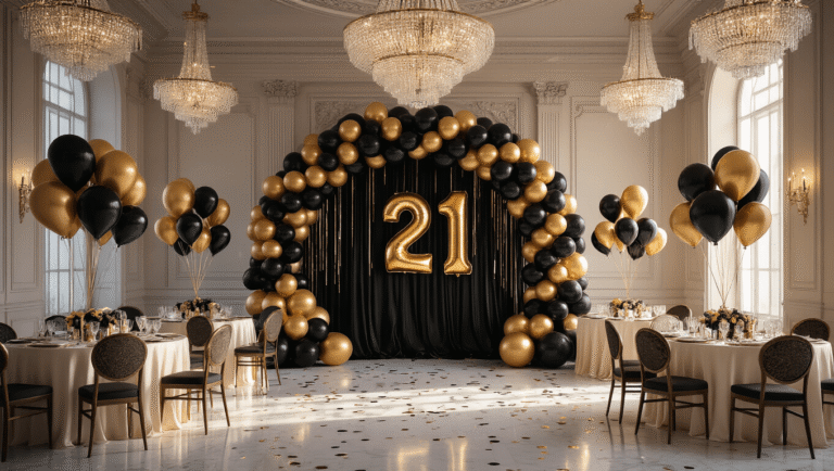 Celebrating 21: The Ultimate Guide to Stunning Birthday Balloon Decor A luxurious ballroom decorated for a 21st birthday, featuring a black and gold balloon arch, glossy foil '21' centerpieces on ivory silk tables, and crystal chandeliers casting warm light on marble floors, creating a sophisticated atmosphere.