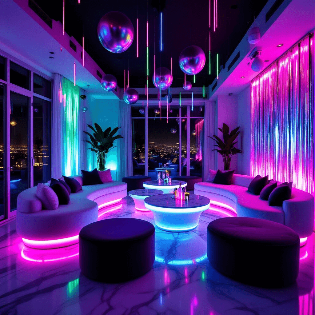 10 Unforgettable Birthday Party Ideas for Your Tween Girl in 2025 A modern apartment living room transformed into a vibrant glow dance party venue, featuring blacklight illumination, neon glow sticks, plush velvet seating, and dynamic decor in electric hues of purple, blue, and pink.