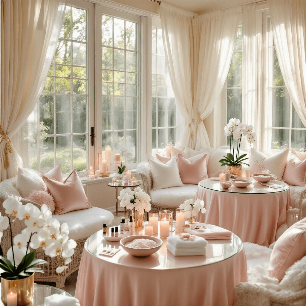 10 Unforgettable Birthday Party Ideas for Your Tween Girl in 2025 Elegant indoor sunroom spa retreat with soft morning light, featuring round glass tables draped in blush pink linens, ceramic bowls of DIY face mask ingredients, and nail art supplies. Surrounding plush white and rose gold seating, fresh white orchids, and rose quartz crystals create a serene atmosphere, with cream and champagne gold accents and sheer ivory curtains. Pillar candles in glass hurricanes add ambient lighting, complemented by fluffy towels and personalized gift baskets.