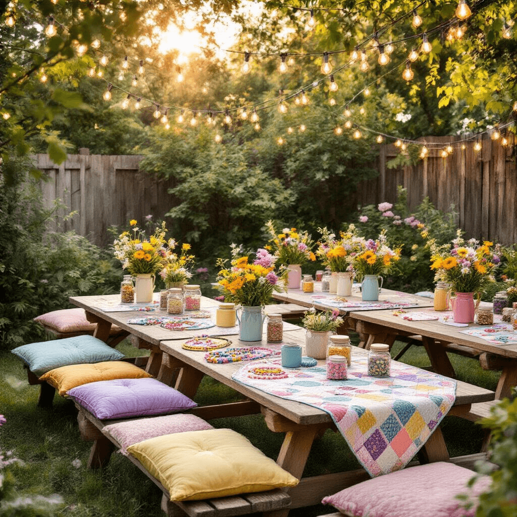 10 Unforgettable Birthday Party Ideas for Your Tween Girl in 2025 A cozy backyard garden at golden hour featuring a Taylor Swift friendship bracelet making party, with low wooden picnic tables adorned with vintage quilted runners, colorful craft supplies in mason jars, pastel floor cushions, string lights overhead, and wildflower arrangements in teacups, all creating a whimsical atmosphere.