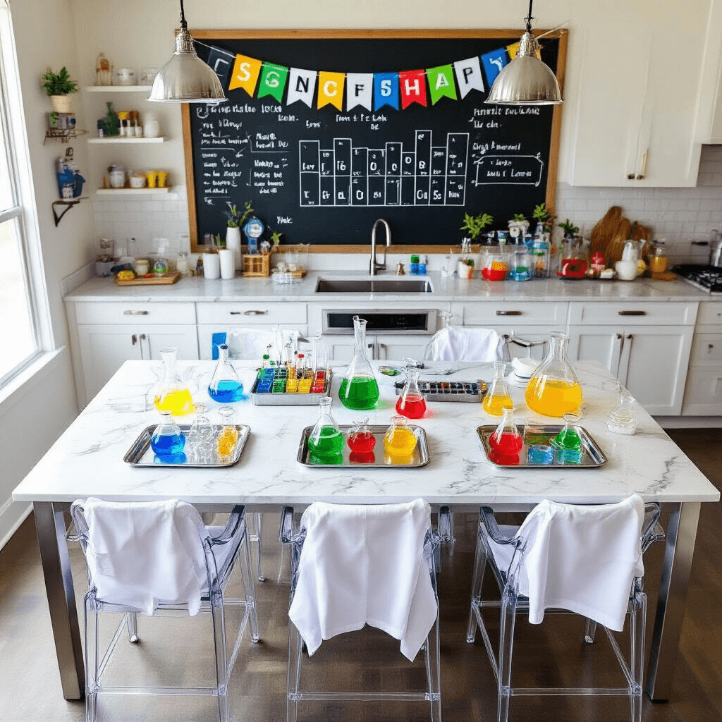 10 Unforgettable Birthday Party Ideas for Your Tween Girl in 2025 A modern kitchen island reimagined as a vibrant science laboratory party venue, featuring colorful chemical solutions in glass beakers, stylish lab coats hanging from acrylic chairs, and a backdrop with chalkboard signage and a periodic table banner, all illuminated by natural light.