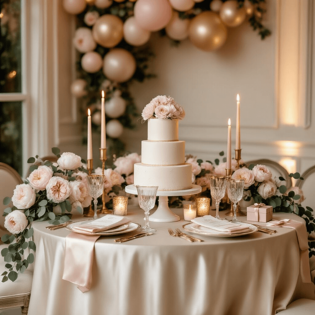 10 Unforgettable Birthday Party Ideas for Your Tween Girl in 2025 An intimate dining nook for a sophisticated tween birthday celebration, featuring a round table draped in ivory silk with a three-tier cake, fine china, crystal glassware, blush pink peonies, eucalyptus garlands, and gold pillar candles, all set in a soft pastel color palette with balloon clusters in dusty rose and champagne.