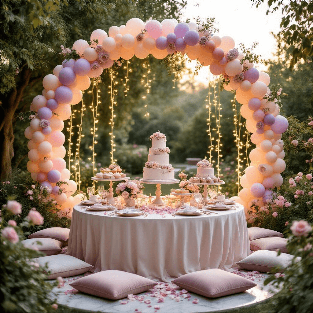The Ultimate Guide to Creating a Showstopping Birthday Party A whimsical birthday party setup in an enchanting garden, featuring a pastel balloon arch, a silk-draped table with ornate desserts, fairy lights intertwined with florals, intimate seating with velvet cushions, and elegant calligraphy signage, all illuminated by soft natural light at golden hour.