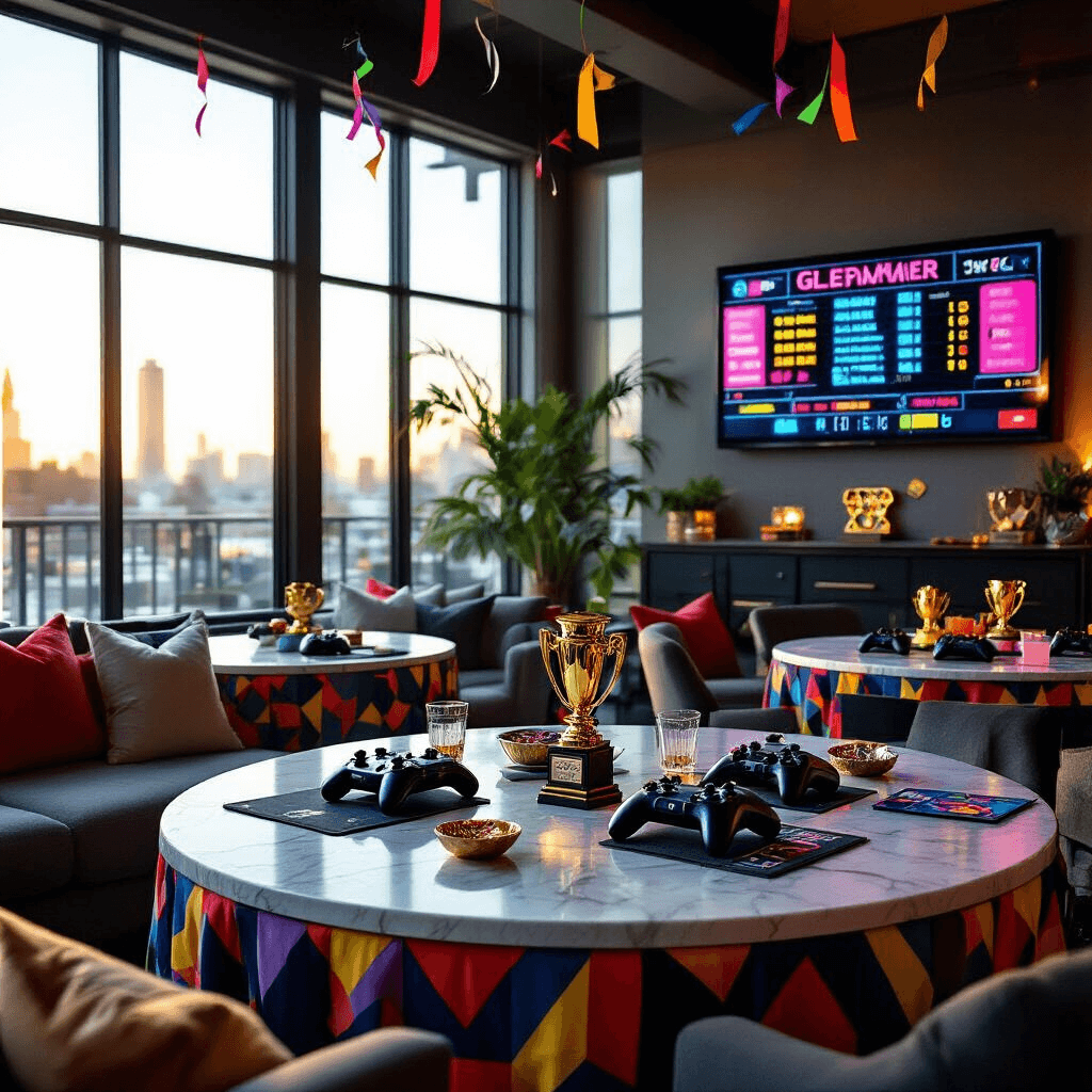 Throw an Unforgettable 10th Birthday Bash: The Ultimate Party Guide Detail shot of a vibrant game night setup in a modern apartment, featuring sleek black gaming controllers, trophy displays, personalized scorecards, geometric table linens, and cozy seating areas, all illuminated by soft morning light streaming through large windows.