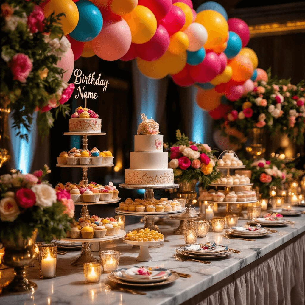 Throw an Unforgettable 10th Birthday Bash: The Ultimate Party Guide Close-up of an elegant indoor ballroom decorated for a candlelit party, featuring a vibrant balloon garland, personalized signage, tiered dessert displays, fresh flowers, custom party favors, and ambient candlelight, all enhanced by luxurious textures and moody lighting.